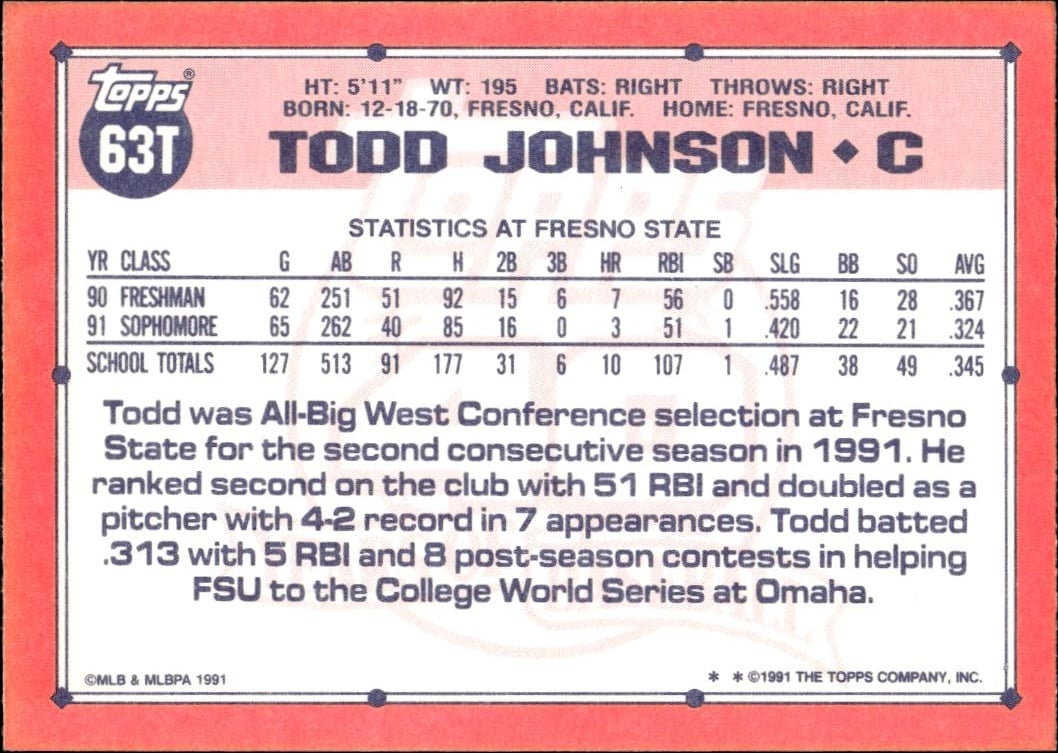 1991 Topps Traded Todd Johnson #63T baseball trading card back