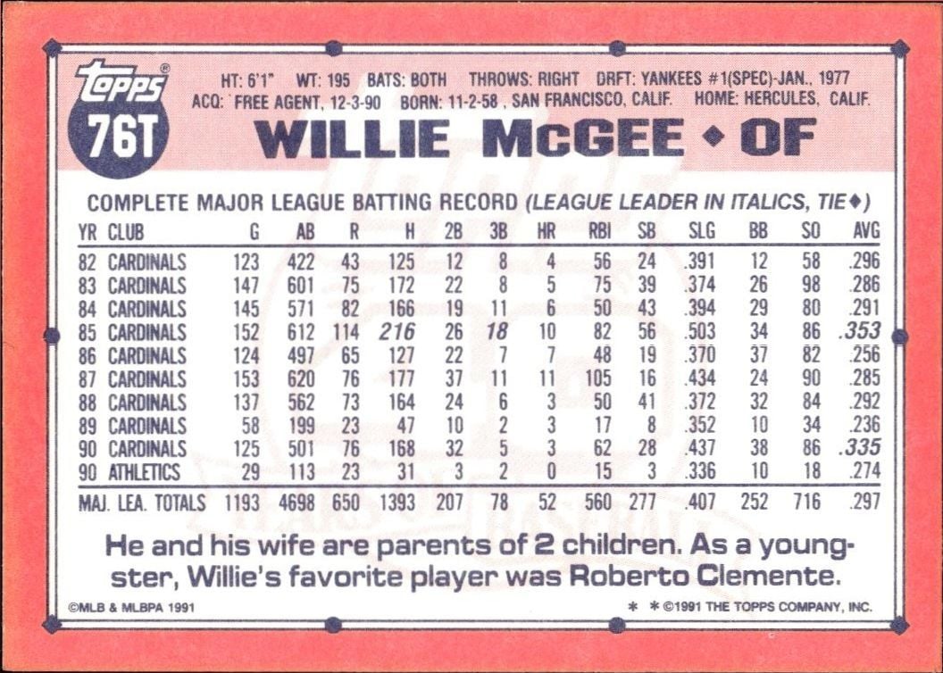 1991 Topps Traded Willie McGee #76T baseball trading card back