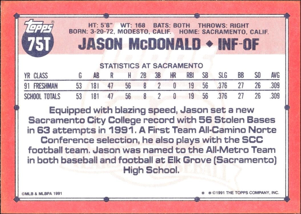1991 Topps Traded Jason McDonald #75T baseball trading card back