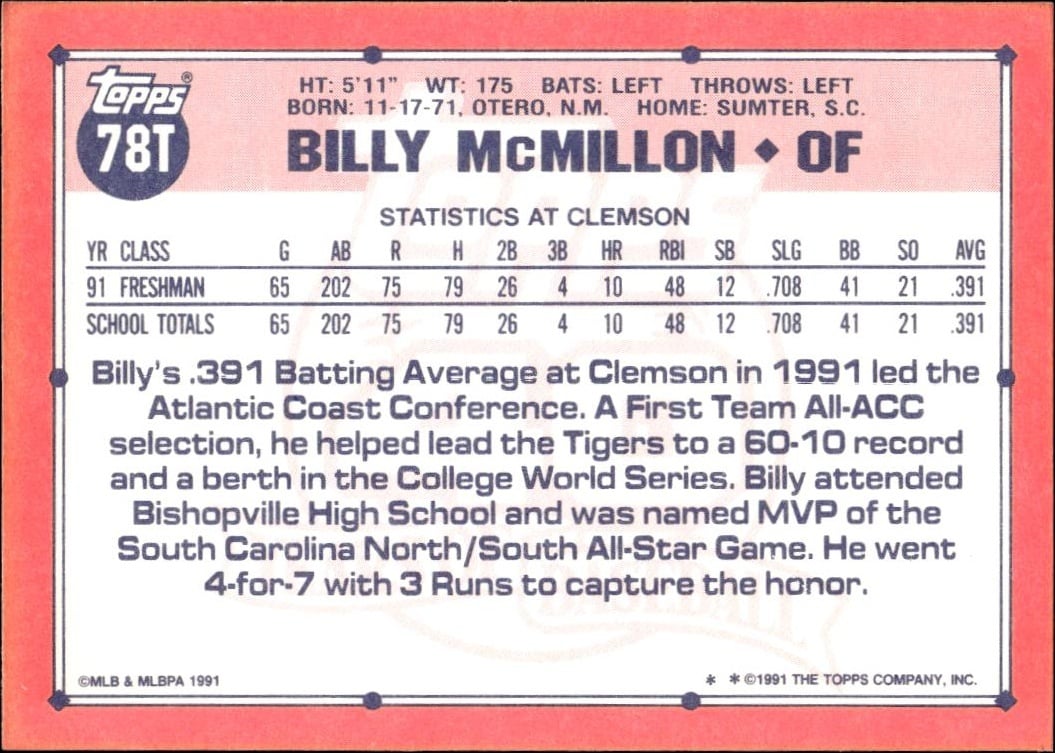 1991 Topps Traded Billy McMillon #78T baseball trading card back