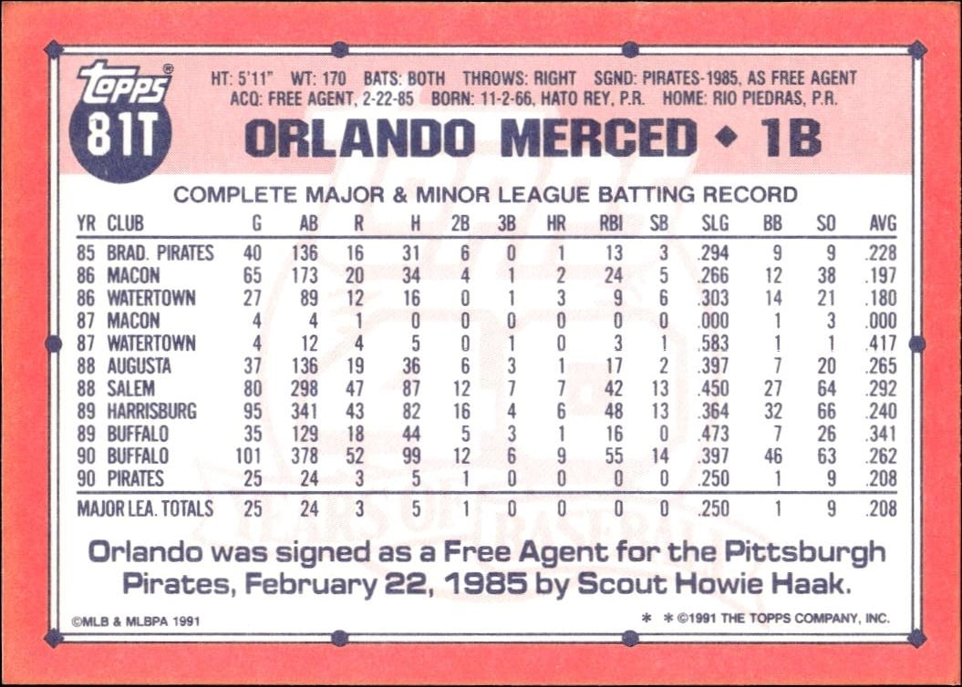 1991 Topps Traded Orlando Merced #81T baseball trading card back
