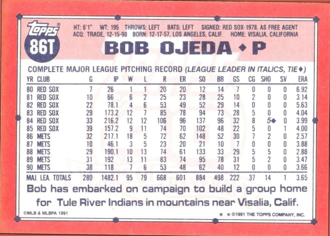 1991 Topps Traded Bob Ojeda #86T baseball trading card back
