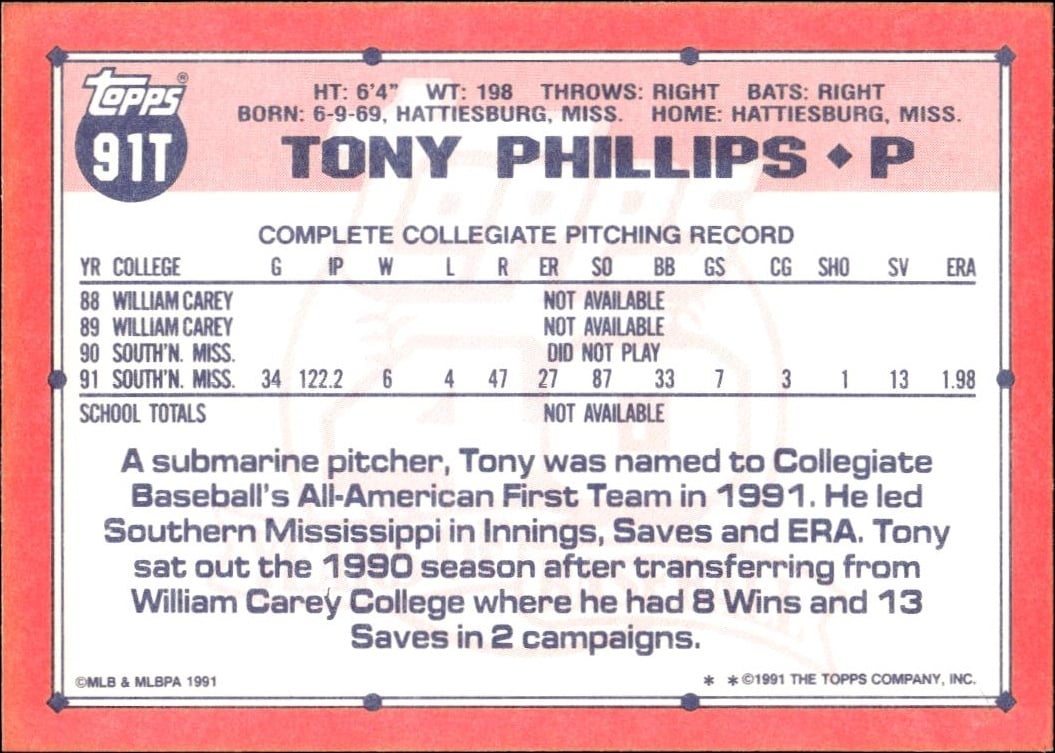 1991 Topps Traded Tony Phillips #91T baseball trading card back