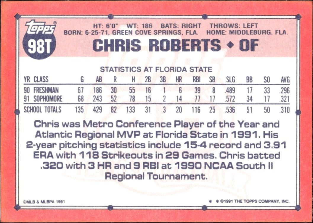1991 Topps Traded Chris Roberts #98T baseball trading card back