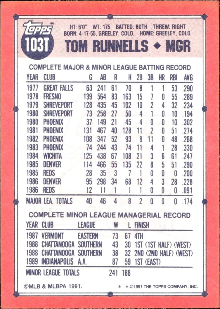 1991 Topps Traded Tom Runnells #103T baseball trading card back