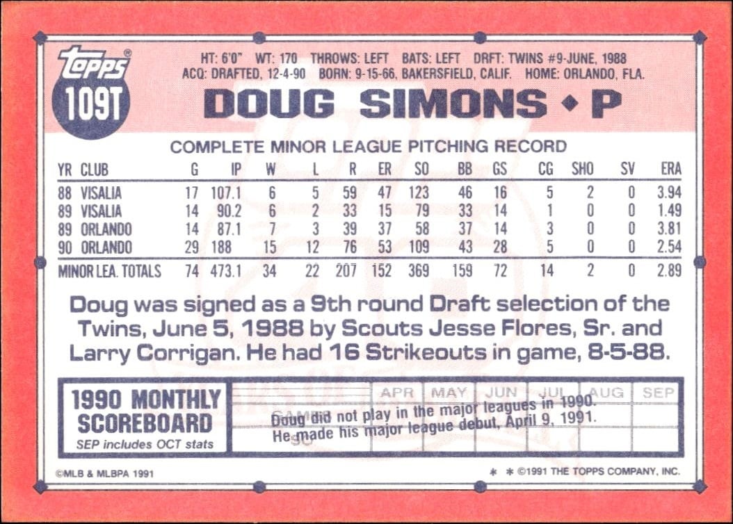 1991 Topps Traded Doug Simons #109T baseball trading card back