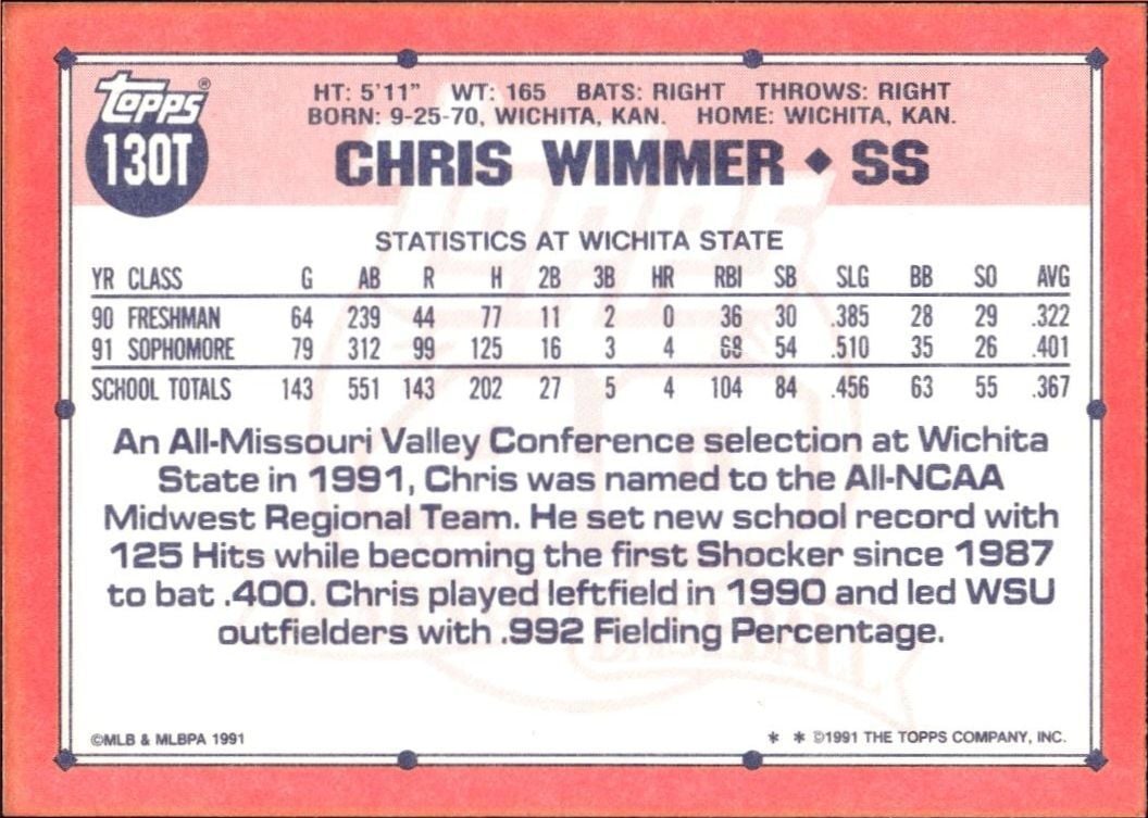 1991 Topps Traded Chris Wimmer #130T baseball trading card back