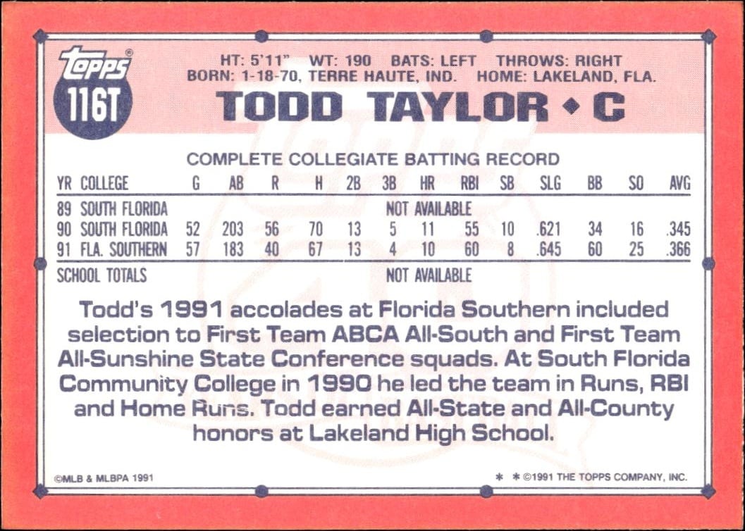 1991 Topps Traded Todd Taylor #116T baseball trading card back