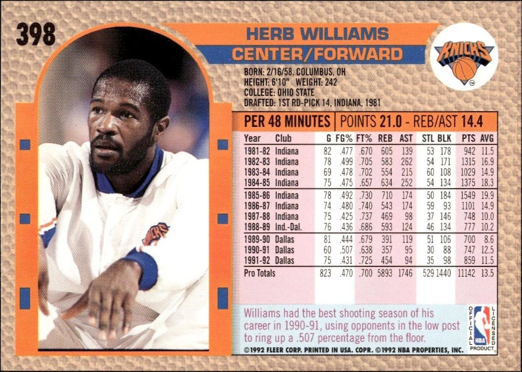 1992-93 Fleer Herb Williams #398 basketball trading card back