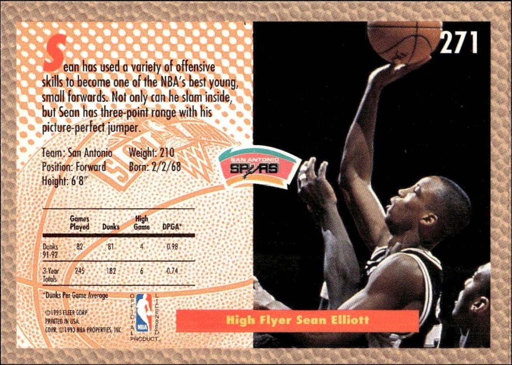 1992-93 Fleer Sean Elliott #SD basketball trading card back