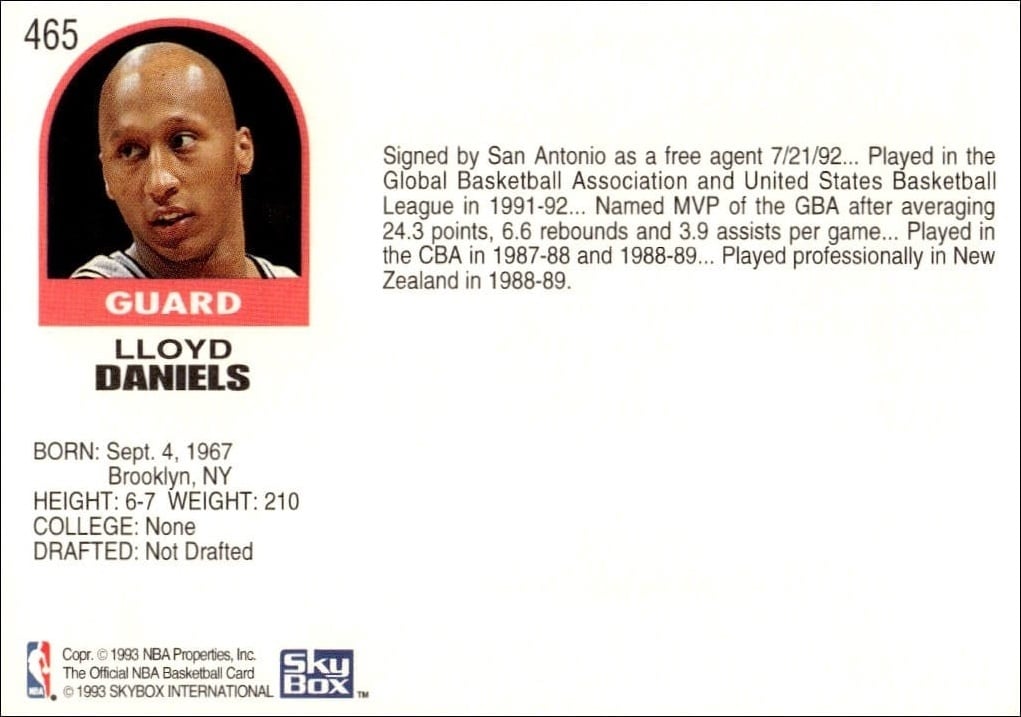 1992-93 Skybox Nba Hoops Series 2 Lloyd Daniels #465 basketball trading card back