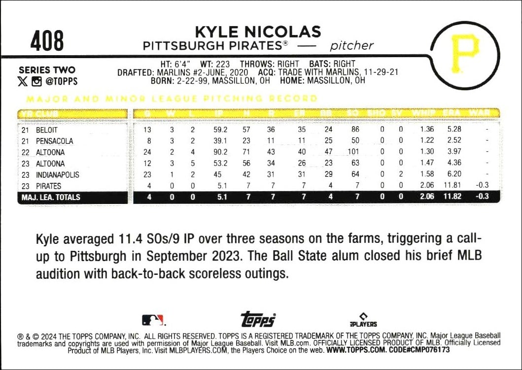 2024 Topps Series 2 Kyle Nicolas #408 baseball trading card back