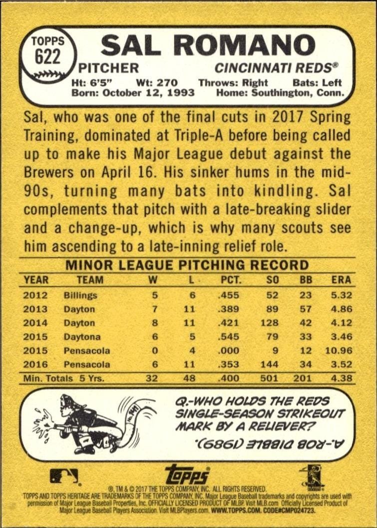 2017 Topps Heritage Sal Romano #622 baseball trading card back