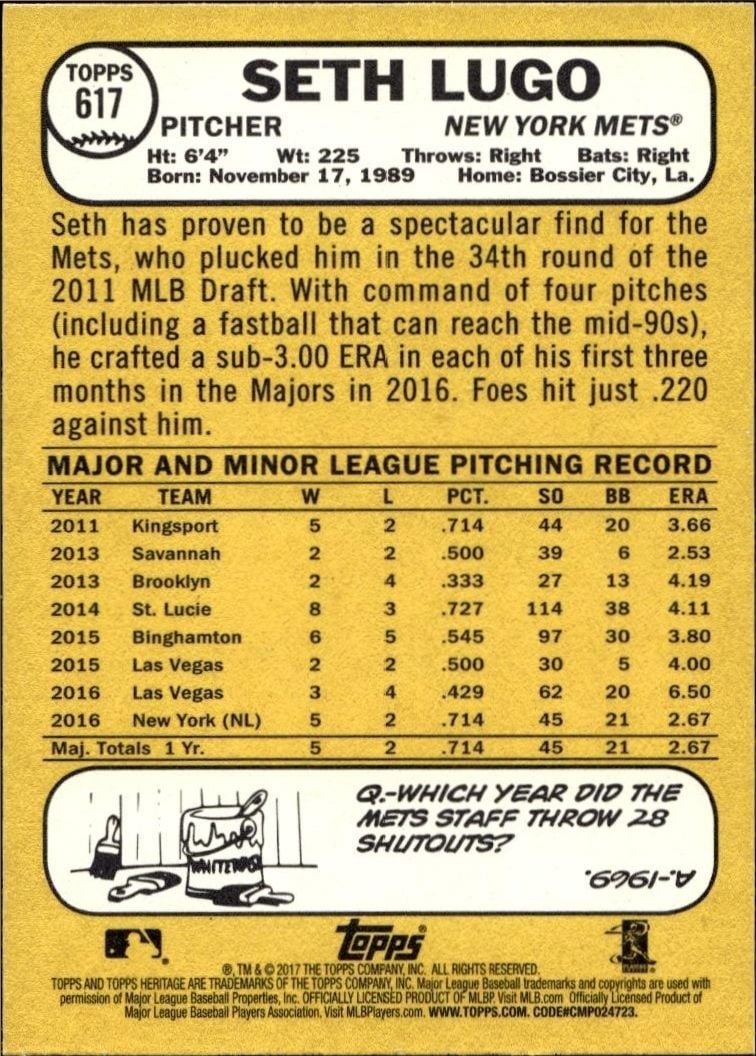 2017 Topps Heritage Seth Lugo #617 baseball trading card back