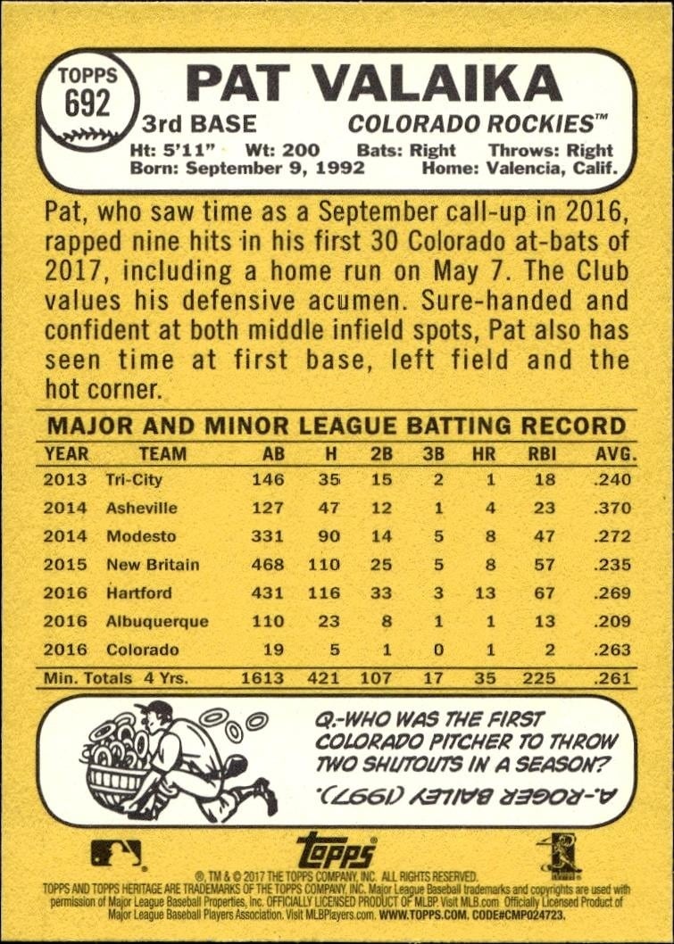 2017 Topps Heritage Pat Valaika #692 baseball trading card back