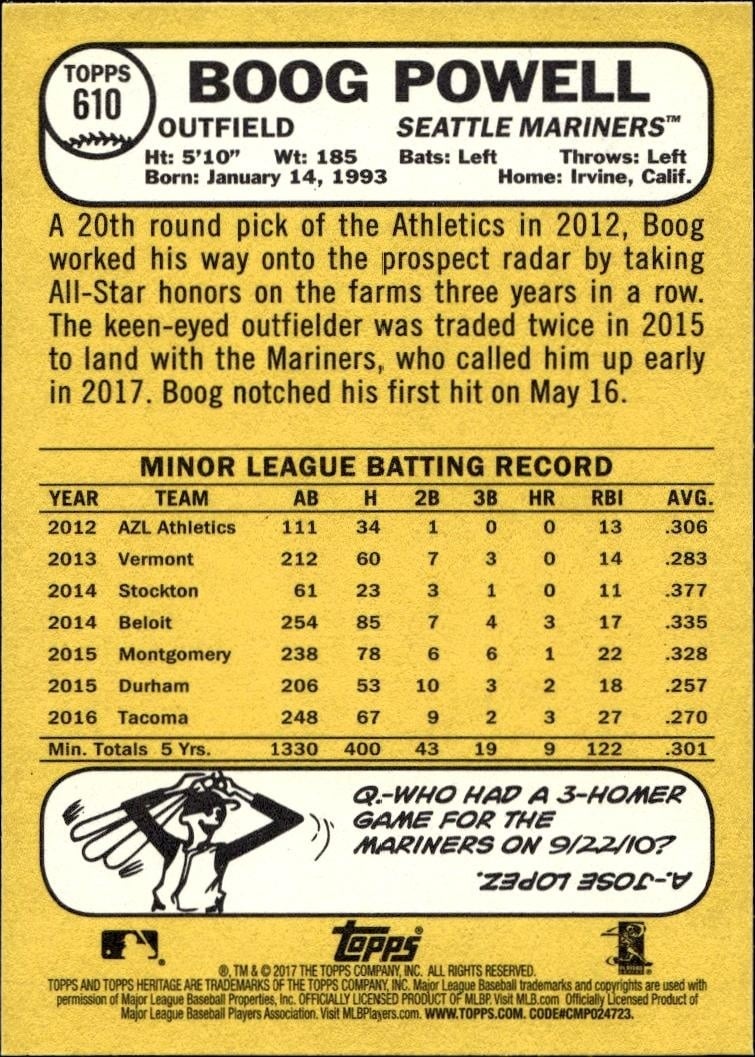 2017 Topps Heritage Boog Powell #610 baseball trading card back