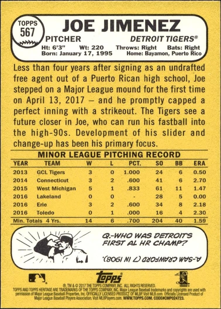 2017 Topps Heritage Joe Jimenez #567 baseball trading card back