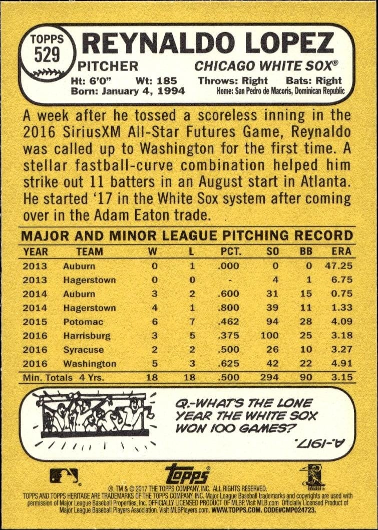 2017 Topps Heritage Reynaldo Lopez #529 baseball trading card back