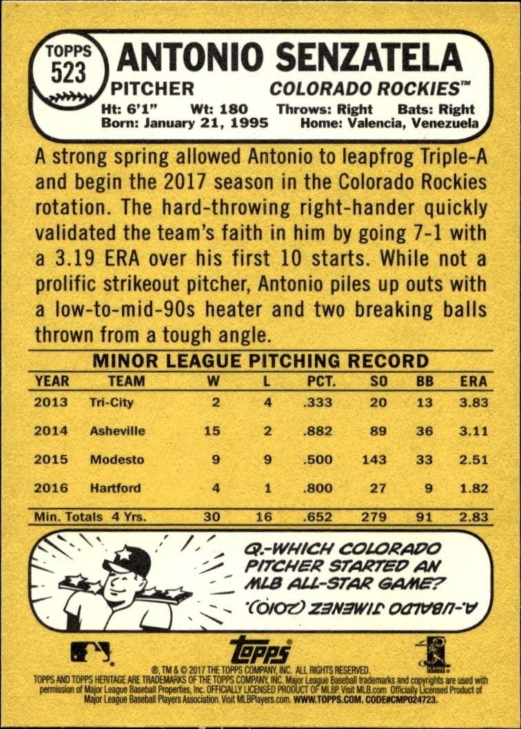 2017 Topps Heritage Antonio Senzatela #523 baseball trading card back