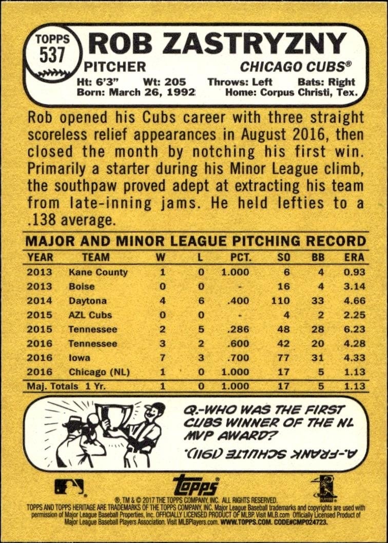 2017 Topps Heritage Rob Zastryzny #537 baseball trading card back