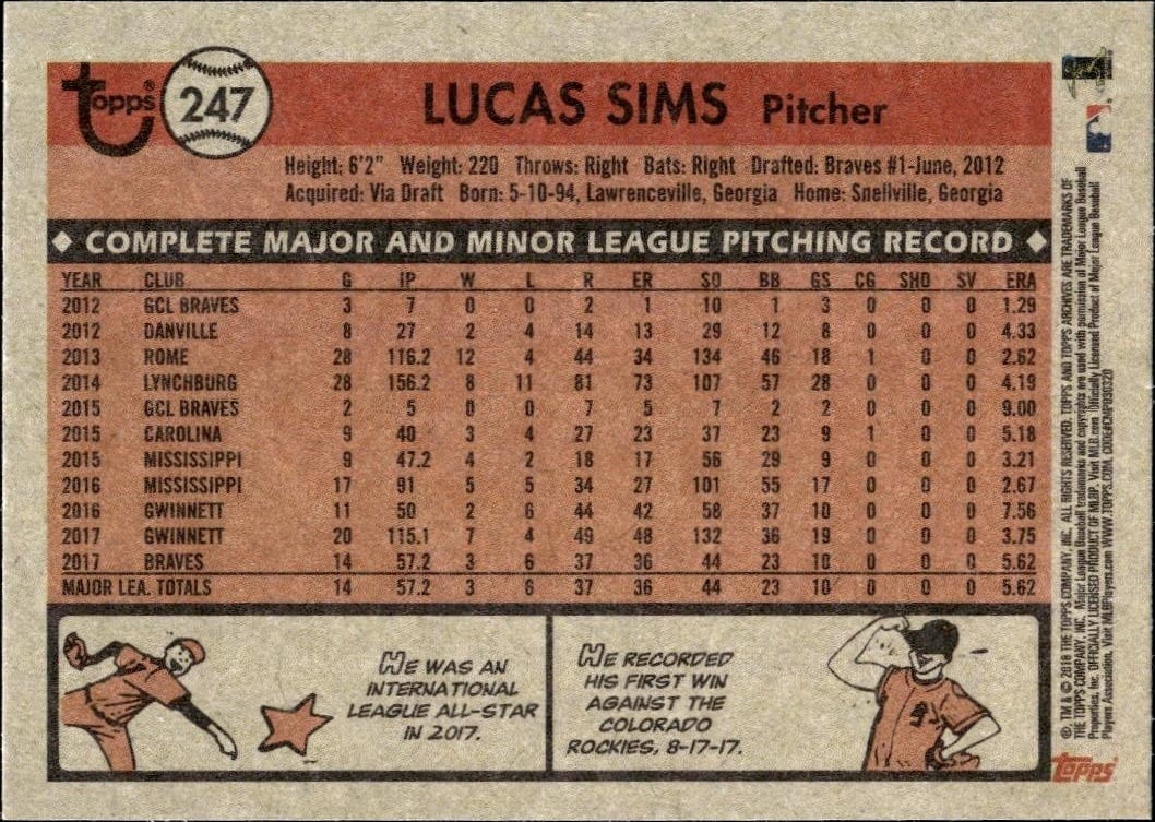 2018 Topps Archives Lucas Sims #247 baseball trading card back