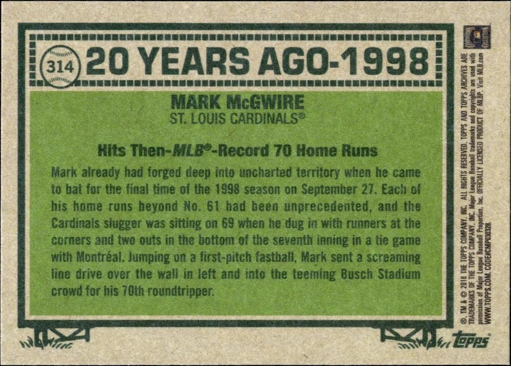 2018 Topps Archives Mark McGwire #314 baseball trading card back