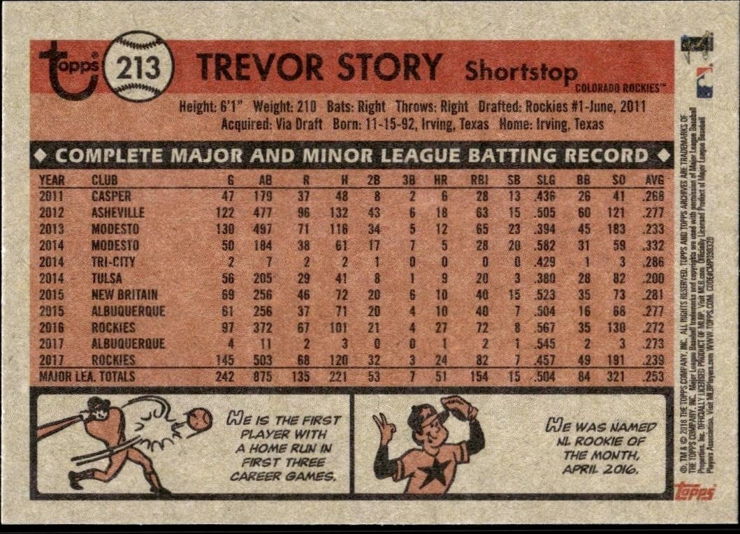 2018 Topps Archives Trevor Story #213 baseball trading card back