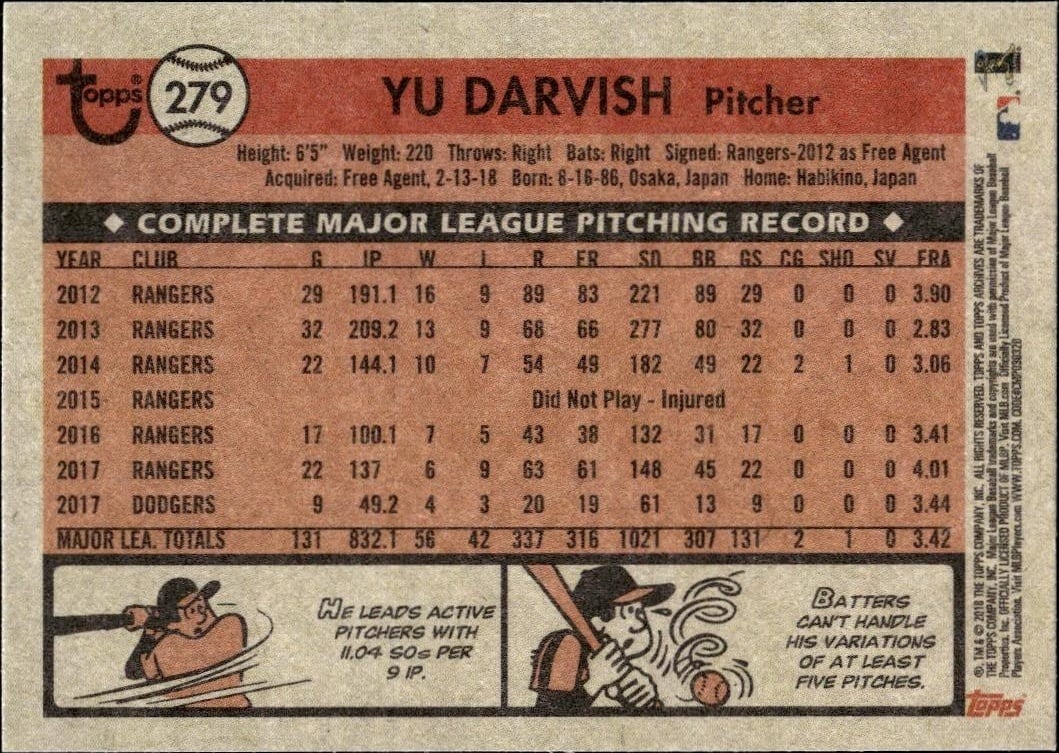 2018 Topps Archives Yu Darvish #279 baseball trading card back