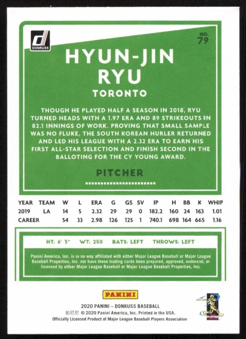 2020 Donruss Hyun-Jin Ryu #79 baseball trading card back