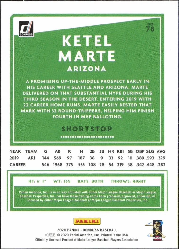 2020 Donruss Ketel Marte #78 baseball trading card back