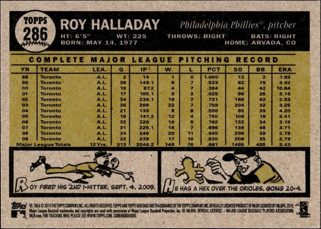 2010 Topps Heritage Roy Halladay #286 baseball trading card back