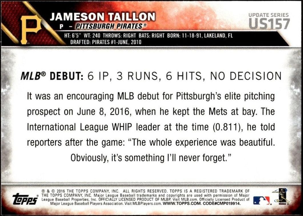 2016 Topps Update Jameson Taillon #US157 baseball trading card back