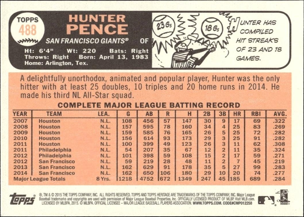 2015 Topps Heritage Hunter Pence #488 baseball trading card back