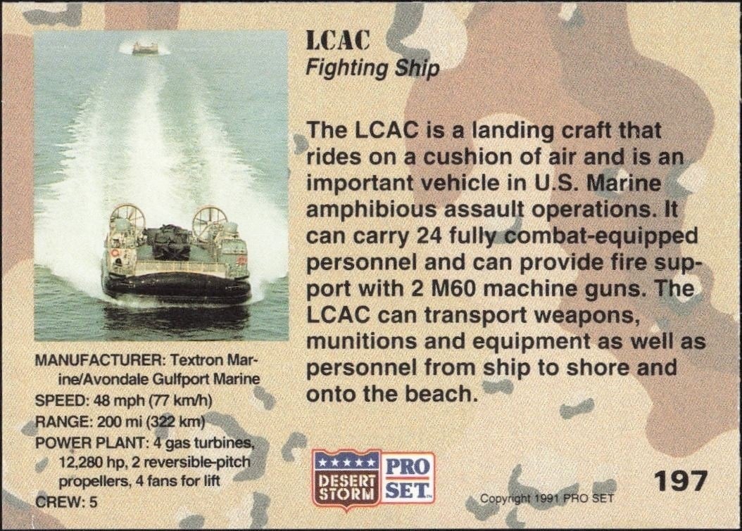 1991 Pro Set Desert Storm LCAC #197 military trading card back