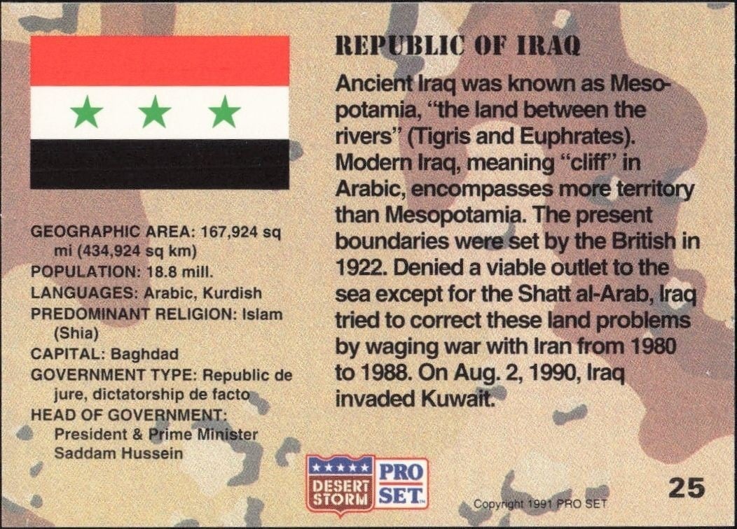 1991 Pro Set Desert Storm Iraq #25 military trading card back