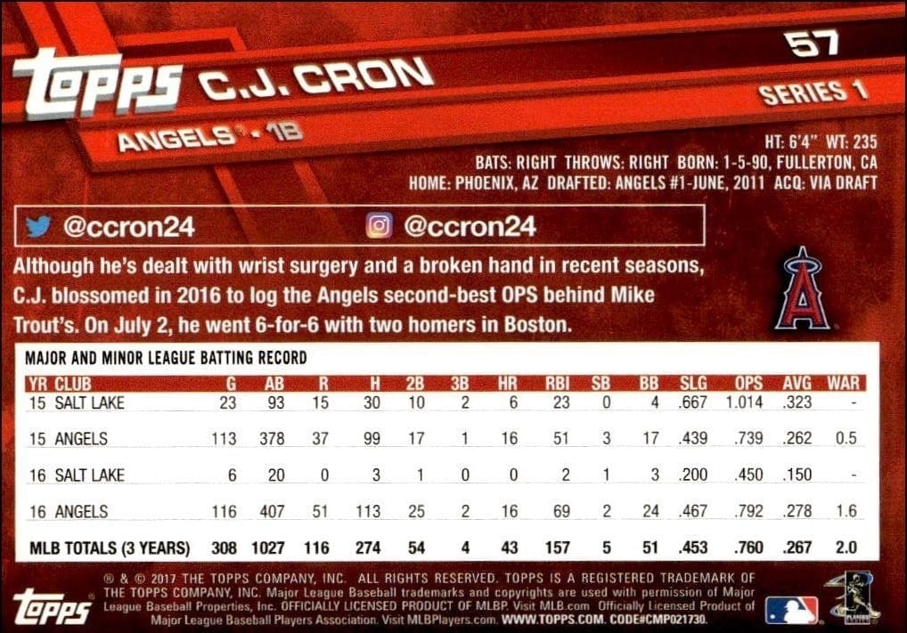 2017 Topps C.j. Cron #57 baseball trading card back