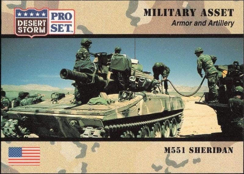 M551 Sheridan 1991 Pro Set Desert Storm #210 Military Trading Card - Front 1991 Pro Set Desert Storm M551 Sheridan #210 military trading card front