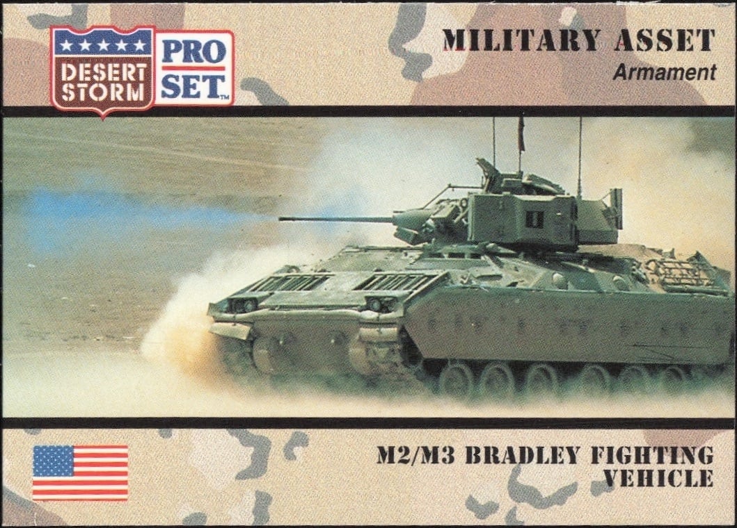 M2/M3 Bradley Fighting Vehicle 1991 Pro Set Desert Storm #199 Military Trading Card - Front 1991 Pro Set Desert Storm M2/M3 Bradley Fighting Vehicle #199 military trading card front