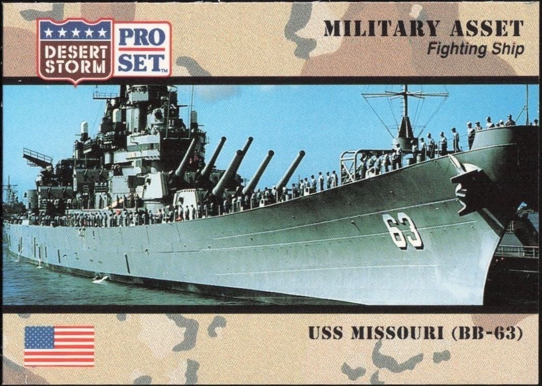 USS Missouri (BB-63) 1991 Pro Set Desert Storm #187 Military Trading Card - Front 1991 Pro Set Desert Storm USS Missouri (BB-63) #187 military trading card front