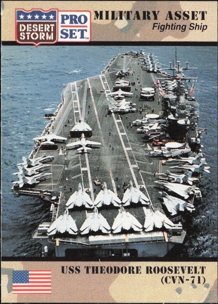 USS Theodore Roosevelt (CVN-71) 1991 Pro Set Desert Storm #183 Military Trading Card - Front 1991 Pro Set Desert Storm USS Theodore Roosevelt (CVN-71) #183 military trading card front