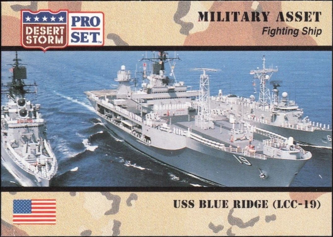 USS Blue Ridge (LLC-19) 1991 Pro Set Desert Storm #176 Military Trading Card - Front 1991 Pro Set Desert Storm USS Blue Ridge (LLC-19) #176 military trading card front