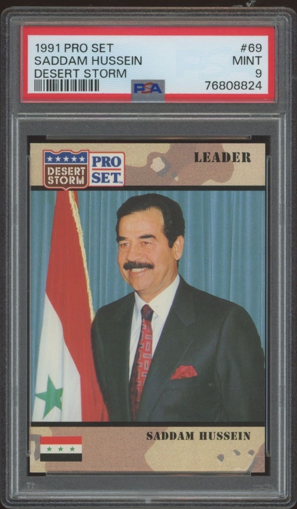 Saddam Hussein 1991 Pro Set Desert Storm #69 Military Trading Card - Front 1991 Pro Set Desert Storm Saddam Hussein #69 military trading card front