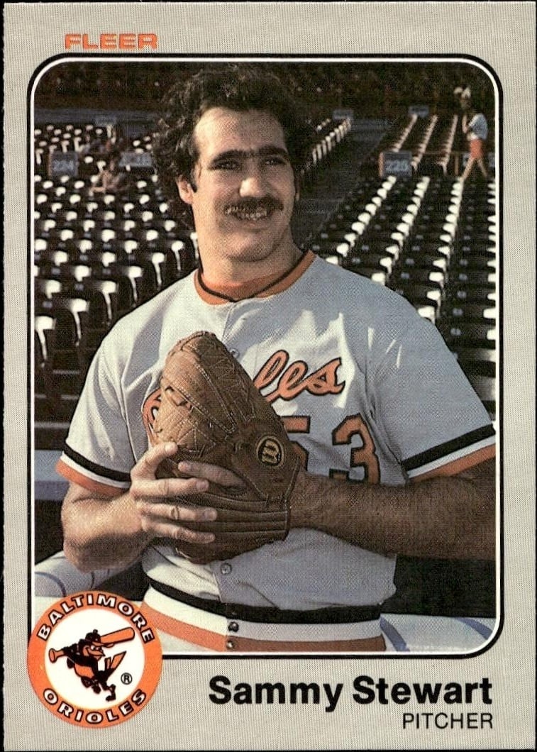Sammy Stewart 1983 Fleer #74 Baseball Trading Card - Front 1983 Fleer Sammy Stewart #74 baseball trading card front