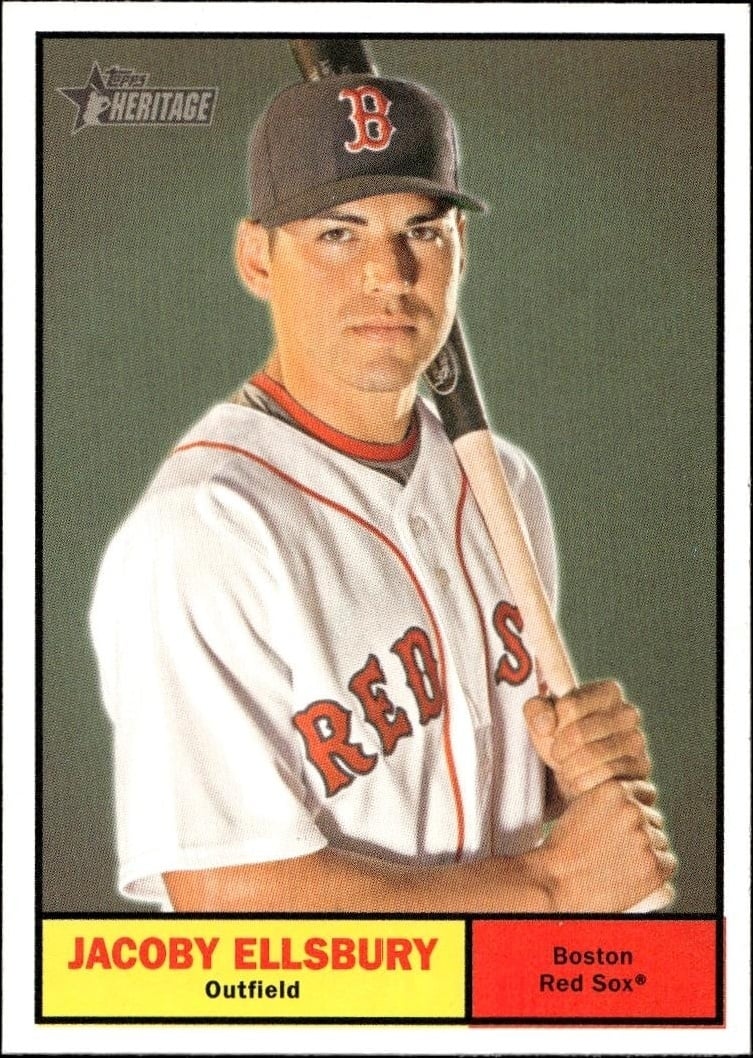 Jacoby Ellsbury 2010 Topps Heritage #128 Baseball Trading Card - Front 2010 Topps Heritage Jacoby Ellsbury #128 baseball trading card front