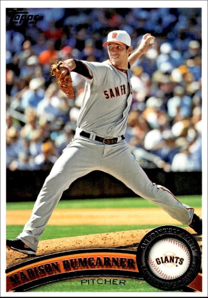 Madison Bumgarner 2011 Topps Series 2 #555 Baseball Trading Card - Front 2011 Topps Series 2 Madison Bumgarner #555 baseball trading card front