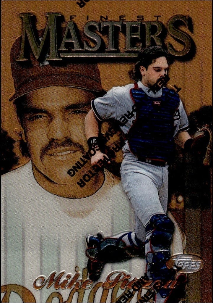 Mike Piazza 1997 Topps Finest #50 Baseball Trading Card - Front 1997 Topps Finest Mike Piazza #50 baseball trading card front