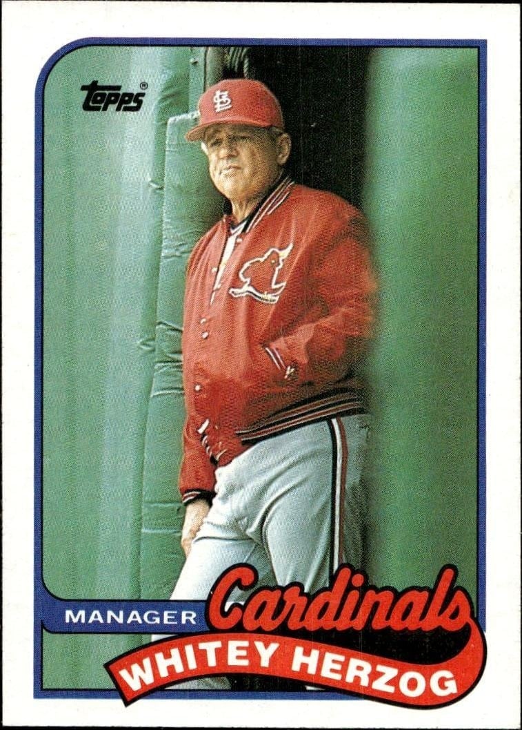 Whitey Herzog 1989 Topps #654 Baseball Trading Card - Front 1989 Topps Whitey Herzog #654 baseball trading card front