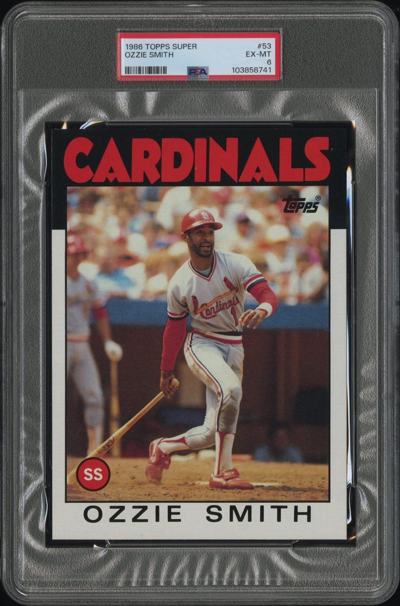 Ozzie Smith 1986 Topps Super #53 Baseball Trading Card - Front 1986 Topps Super Ozzie Smith #53 baseball trading card front