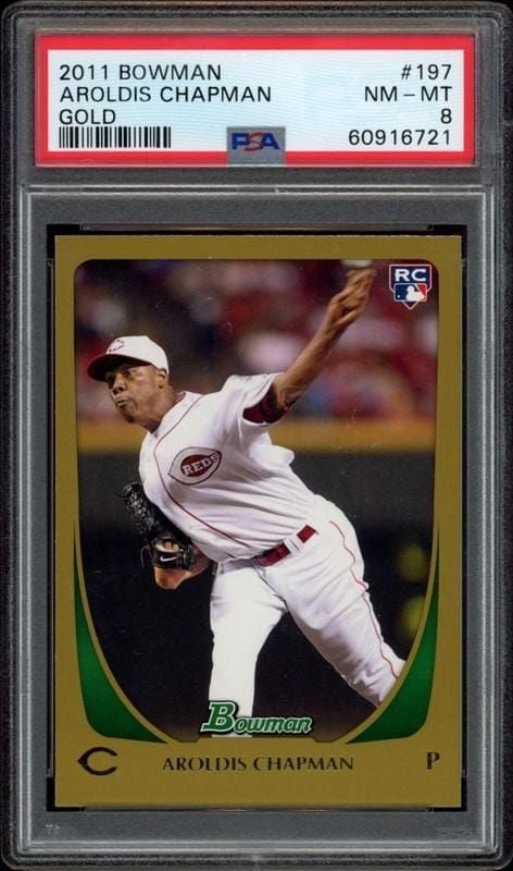 Aroldis Chapman 2011 Bowman Gold #197 Baseball Trading Card - Front 2011 Bowman Gold Aroldis Chapman #197 baseball trading card front