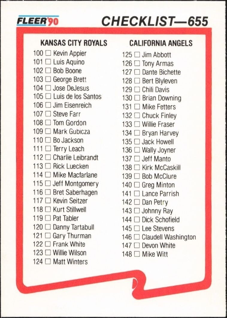 Checklist 1990 Fleer #655 Baseball Trading Card - Front 1990 Fleer Checklist #655 baseball trading card front